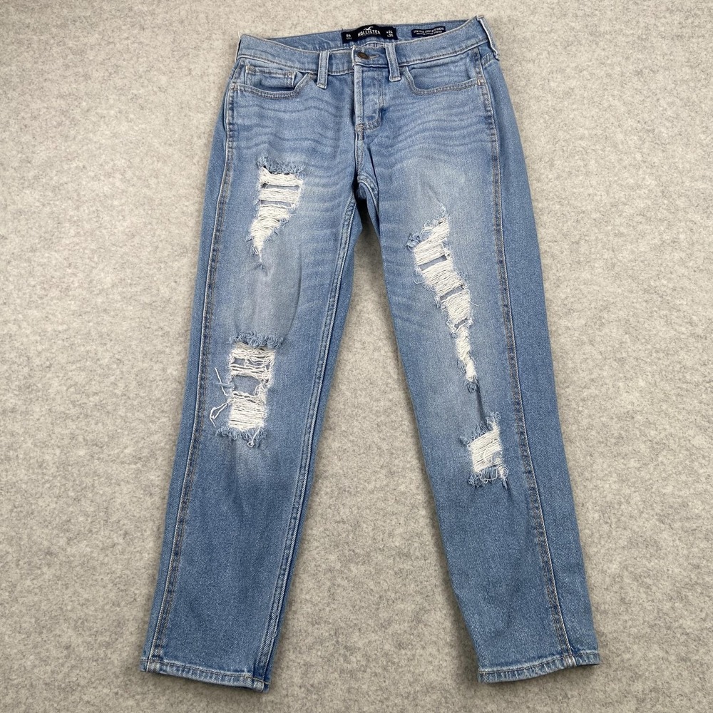 Hollister Low Rise Crop Boyfriend Jeans Womens 24 (26x24) Blue Distressed Denim